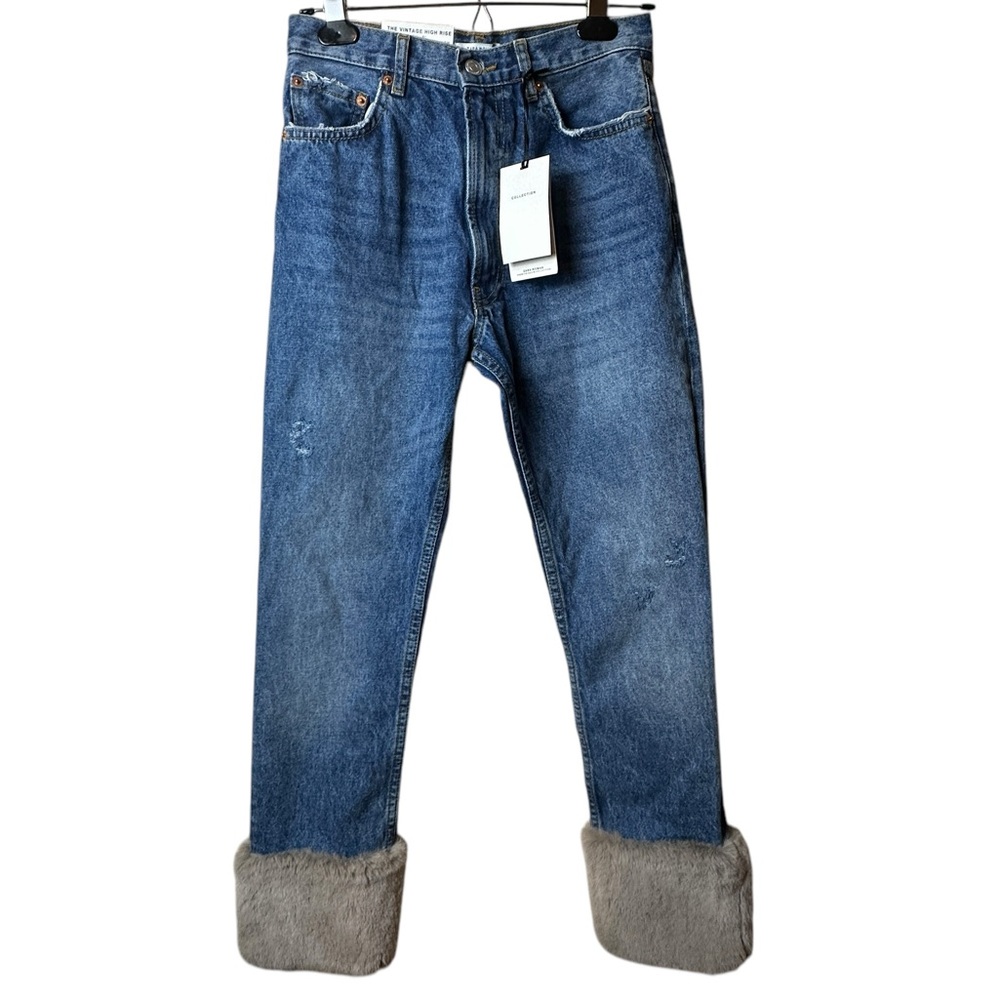 ZARA NWT VINTAGE HIGH RISE STRAIGHT JEANS FUR CUFF HEM ANKLE CROP WOMENS SIZE 2 - Picture 3 of 16